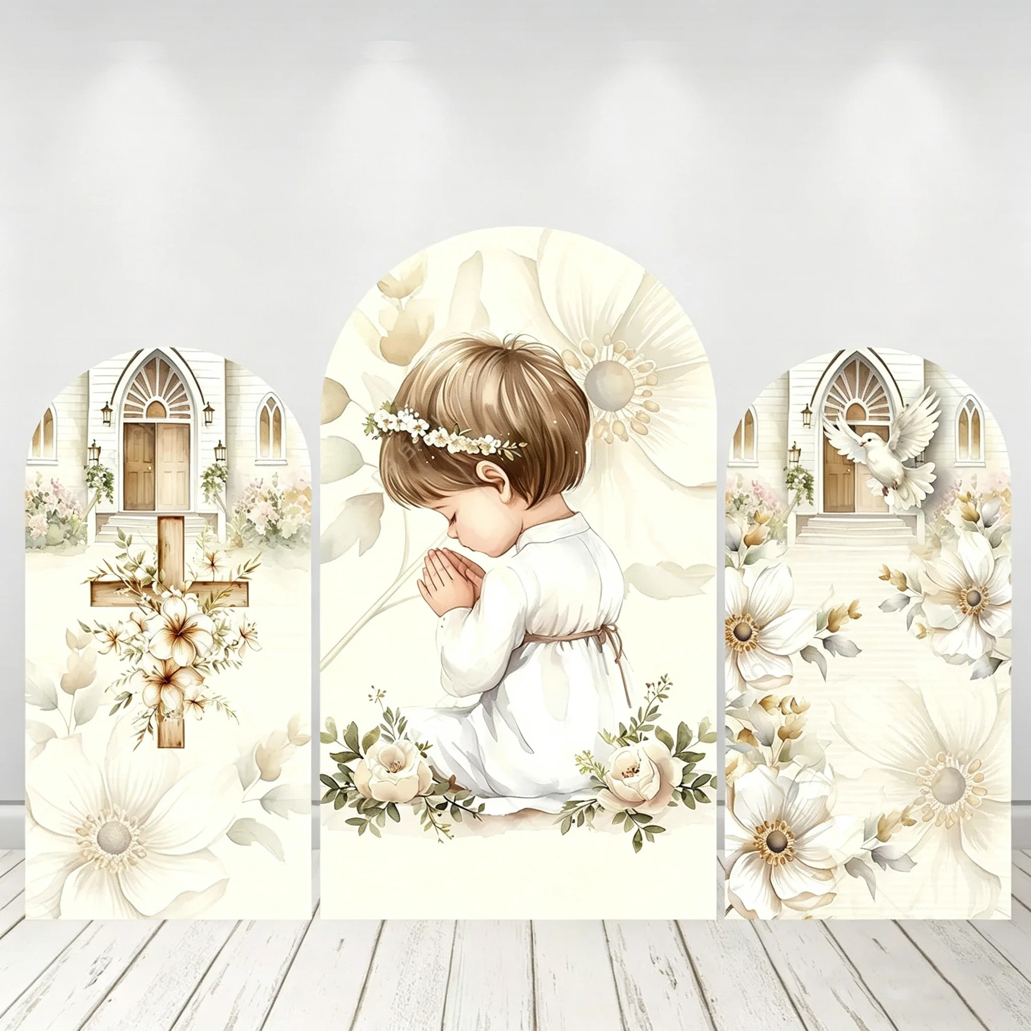 LS Custom Angel Baptism God Bless Cross Bible First Communion Party Baby Shower Cover Chiara Arch Background Decor Backdrop