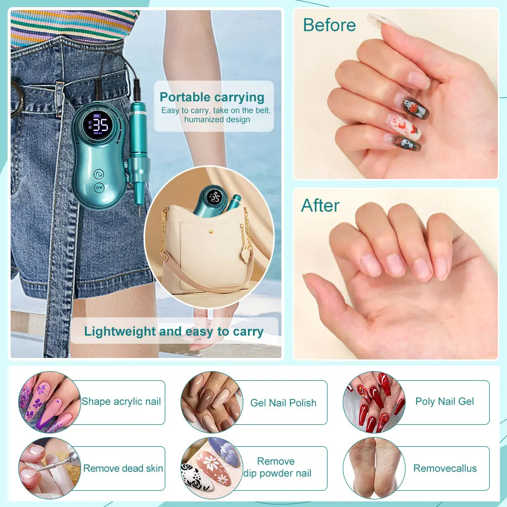 آلة حفر الأظافر مع شاشة LCD، مجموعة ملحقات أظافر احترافية منخفضة الضوضاء، معدات أظافر قابلة لإعادة الشحن