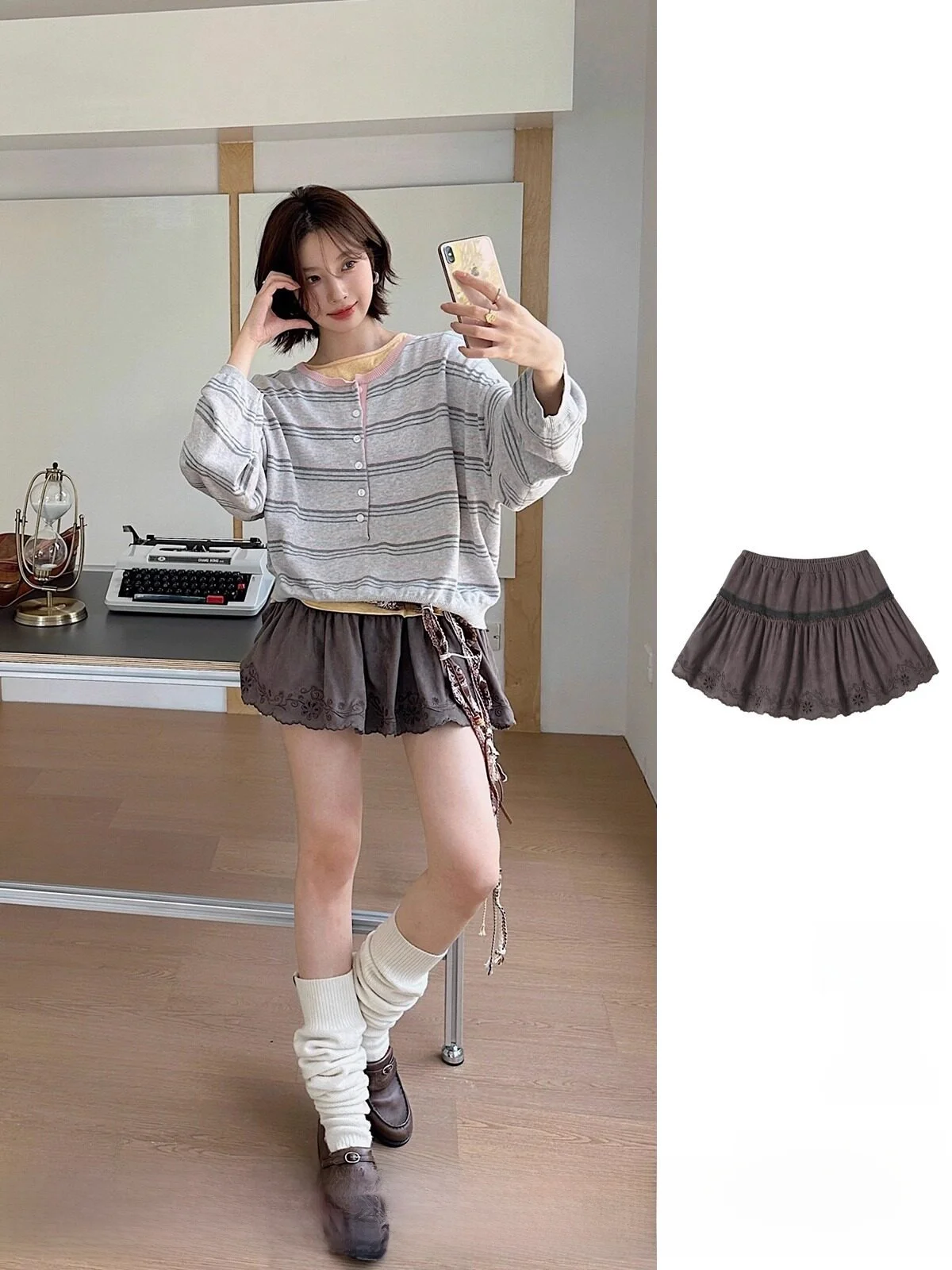 

REREK Casual Elastic Waist Embroidered Lace Suede ort f Skirt Ladies' Faion Retail Store Buy Handbag A-Line Skirt