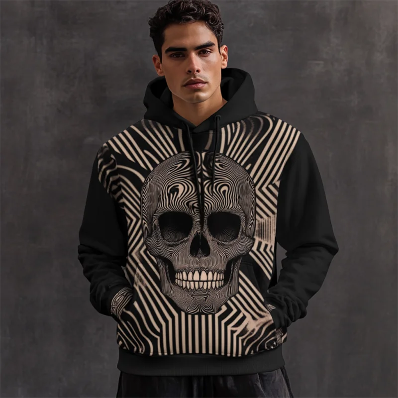 Vintage Hoodies For Men Skull Pattern 3d Print Street Hip Hop Tops Autumn Spring Casual Long Sleeve Oversized Hooded Sweatshirts