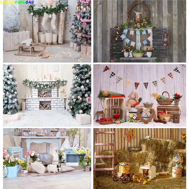 

Vinyl Custom Spring Easter Photography Backdrop Rabbit Flowers Eggs Wood Board Photo Background Studio Props FH-56