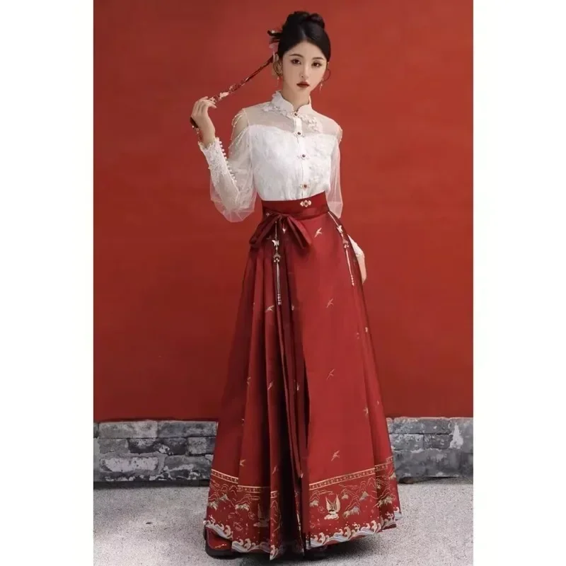 Elegant White Lace Embroidered Embellished Off Shoulder Pearl Tassel Top Red Horse Skirt Bridal Evening Dress China Hanfu Women