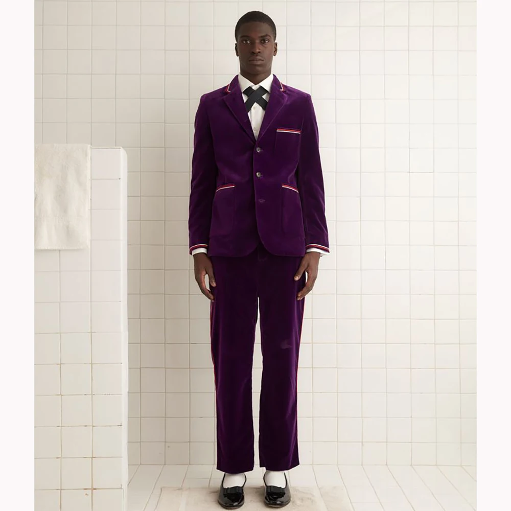 

Purple Velet Man Suit Customized Single-breasted Peak Lapel Two Pieces(Jacket+Pants) Male Set Casual Preppy-style Blazer