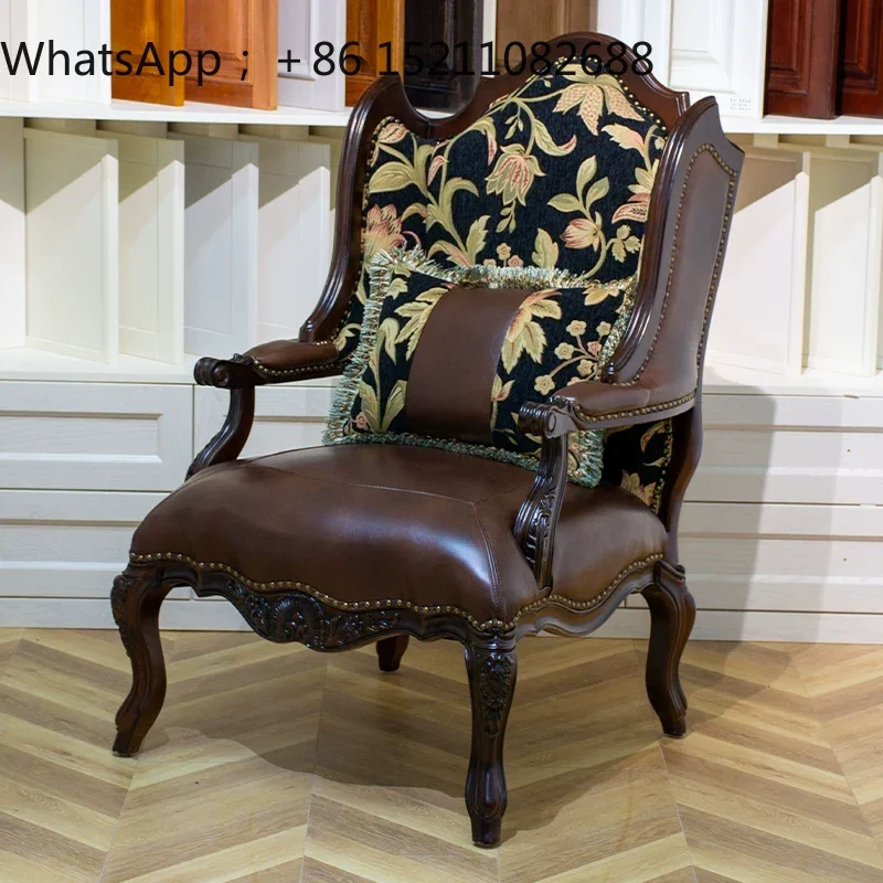 LLY rural solid wood carving flower high back sofa chair new Chinese retro leather single tiger chair