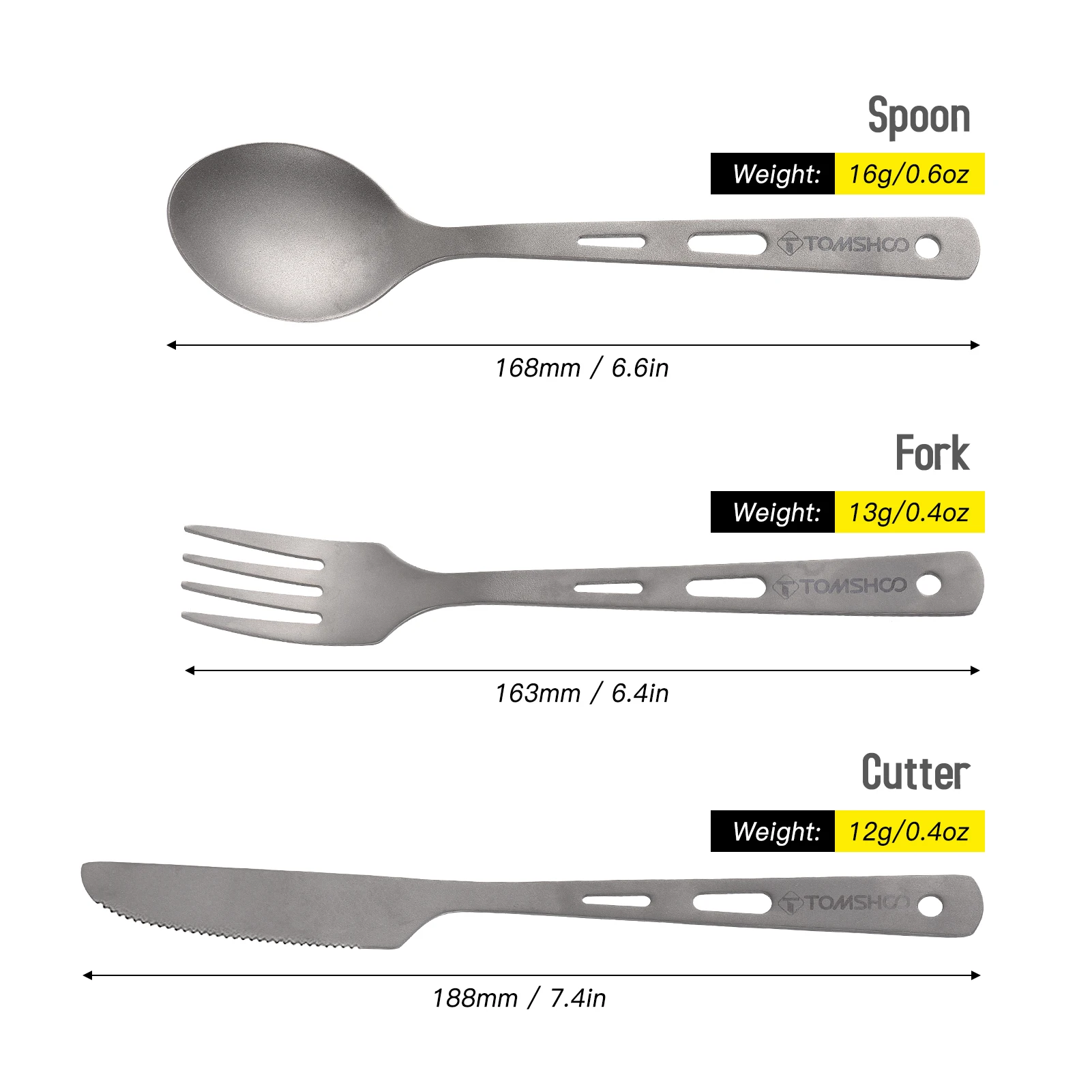 TOMSHOO Titanium 3PCS Cutlery Set Lightweight Spoon Fork Cutter with Carabiner and Drawstring Sack for Outdoor Camping Tableware