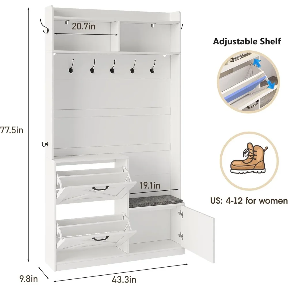 شجرة القاعة مع مساحة تخزين للأحذية، مقعد المدخل، رف المعاطف، أضواء LED، 78 طويلًا، 9 خطافات، تصميم يدوم طويلاً