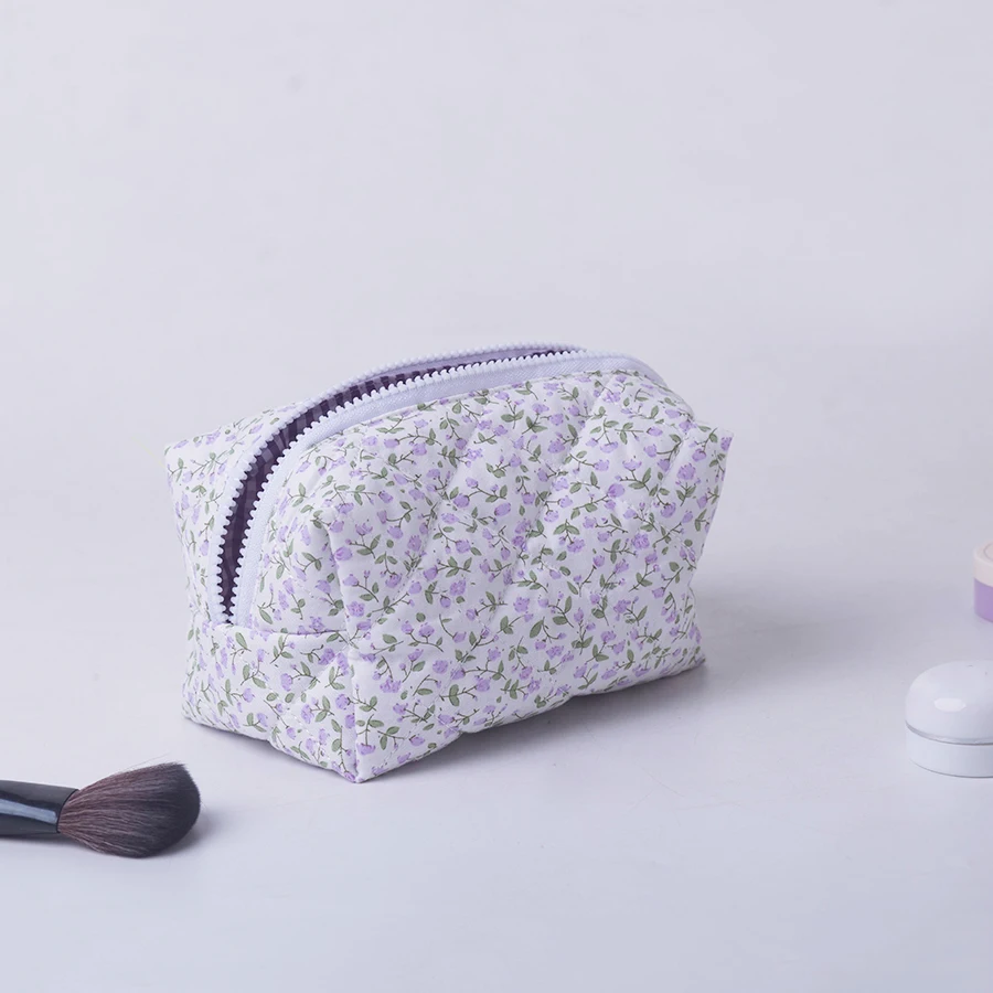 Aufbewahrungsorganisator mit Blumenmuster, geschwollene, gesteppte Make-up-Tasche, Kosmetiktasche mit Blumenmuster, große Reise-Kosmetiktasche, Make-up-Zubehör – Detail 5