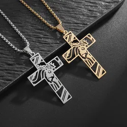 Hip Hop Punk Crown of Thorns Jesus Cross Necklace for Men Stainless Steel Gold Plated Crucifix Pendant Necklaces Jewelry