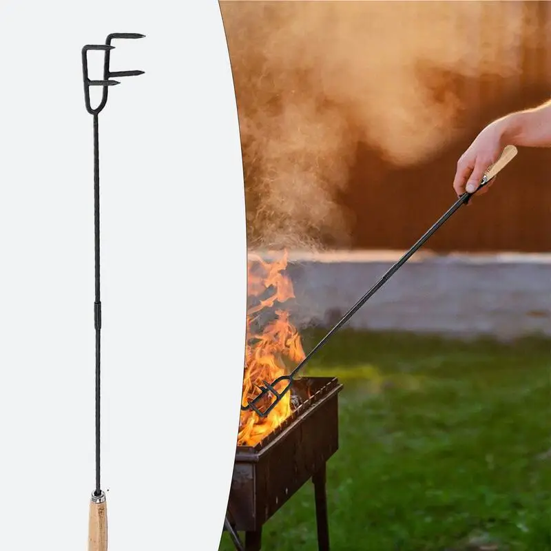 Outdoor Fire Poker Heavy Duty Fire Pit Poker 33 Inch Fire Poker With Wooden Handle For Fire Pit Long Portable Campfire Poker