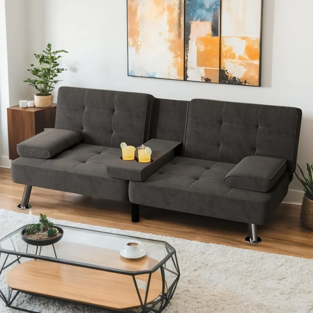Sofá cama futón plegable convertible tapizado de lino moderno con reposabrazos extraíbles, patas de metal, 2 portavasos para sala de estar