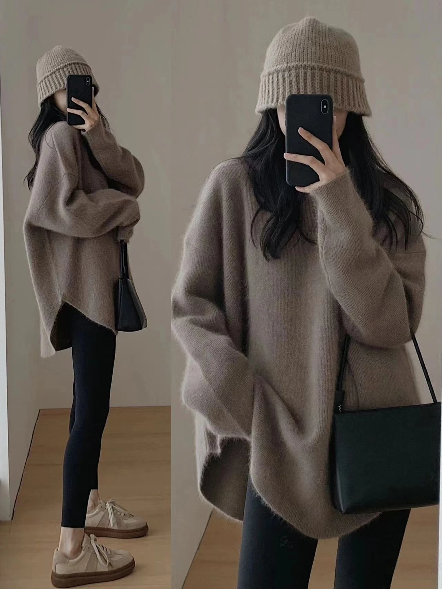Women's Autumn Winter Thickened Long Sleeve Knitted Sweater Bear Velvet Coat Style Casual Loose Fit Vintage Side Slit Dress