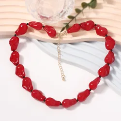 2024 ZA Red Glass Resin Beads Necklaces for Women Trendy Irregular Imitation Pearl Chains Chokers Necklace Jewelry