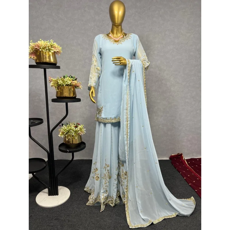 

Light Blue Gown Salwar Kameez for Pakistan India Wedding Party Kurti Sharara Dupatta Sets