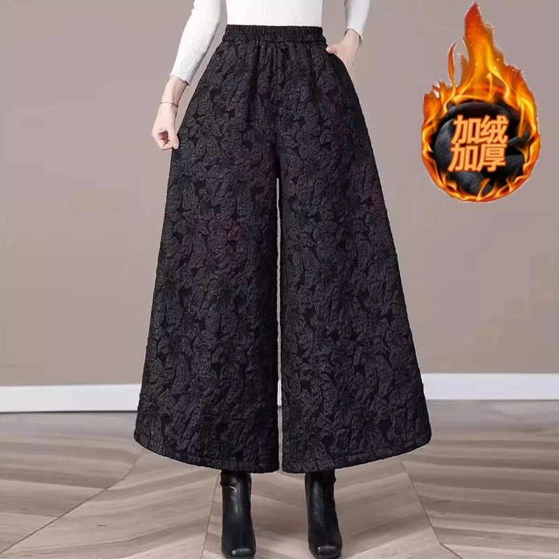 

Толстые флисовые широкие брюки для зимней верхней одежды, свободная посадка с высокой талией, повседневные жаккардовые брюки для мам в стиле ретро для женщин w1606