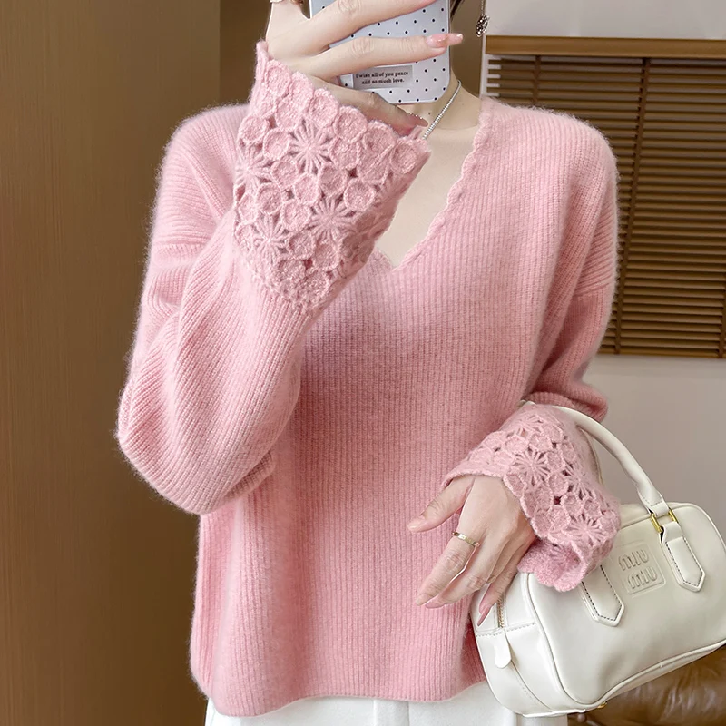 

Autumn and winter new women's solid color sweater 100% wool curled V-neck loose lazy Joker loose cashmere plus size pullover top