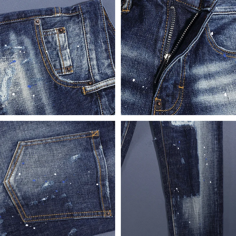 y2k new denim jeans with pleats, painted holes, nostalgic stretch, slim fit, retro washed, blue jeans, high street desig