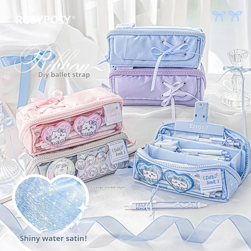 Rosyposy Ballet Pencil Case Ins Ribbon Makeup Bag Glossy Cute Large Capacity Multi-Layer Girl Pencil Case Stationery Storage Bag