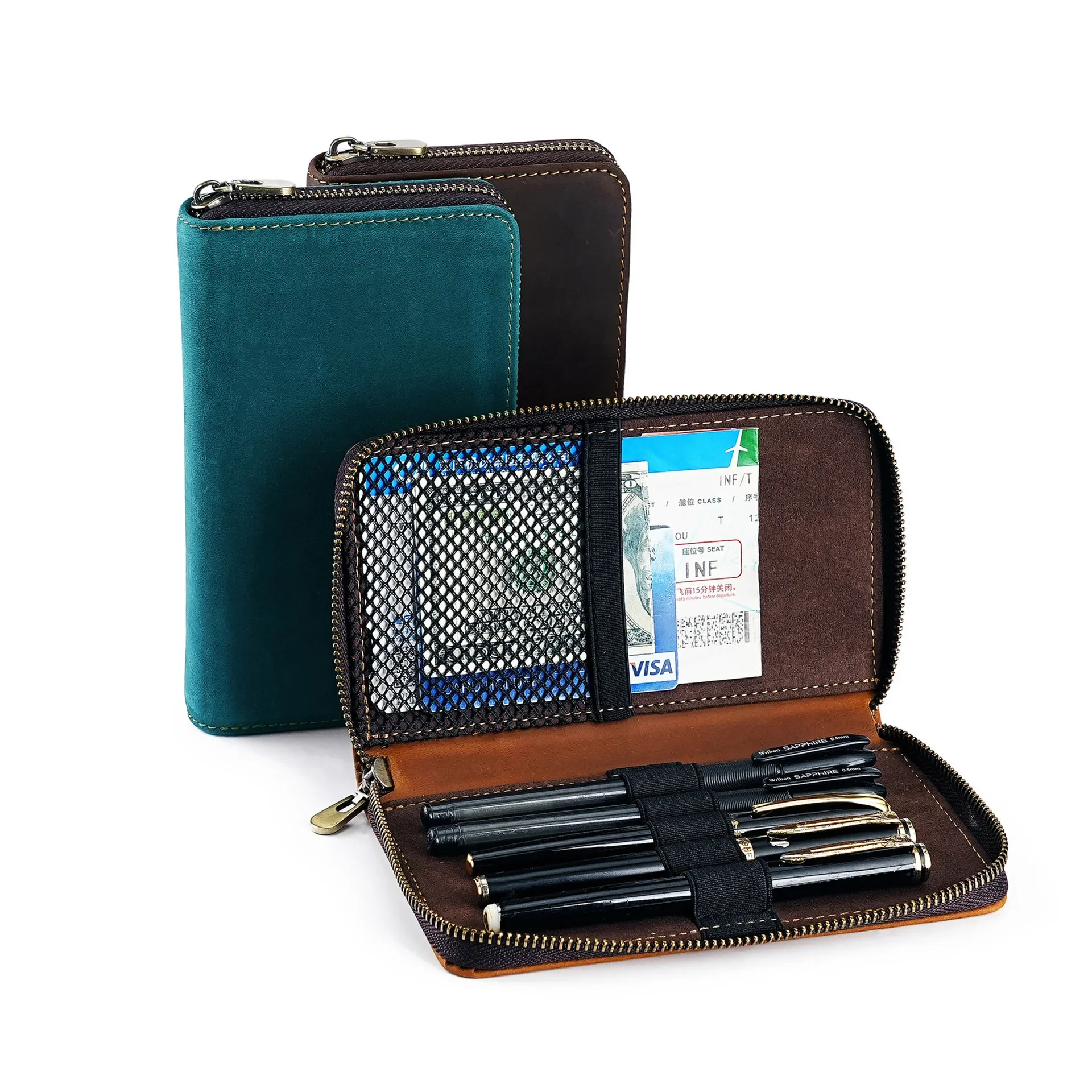 Vintage Zippered Pen Pouch Genuine Leather Multifunctional Business Pen Storage Wallets for Pencil Cards Tickets Receipt
