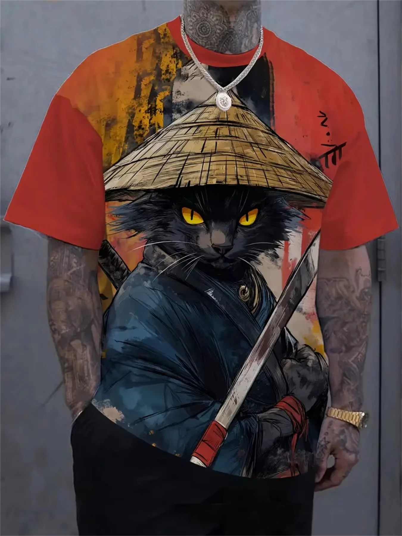 

Oversized Short-Sleeved Summer Casual Streetwear T-Shirt Made with 3D Printing and Features a Samurai Cat Men's Harajuku Design