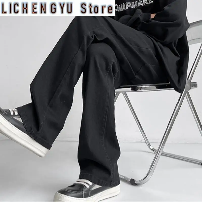 

Осенние винтажные прямые широкие черные джинсы, мужская уличная одежда в стиле Харадзюку, мешковатые повседневные расклешенные джинсовые брюки, мужские брюки Y2K