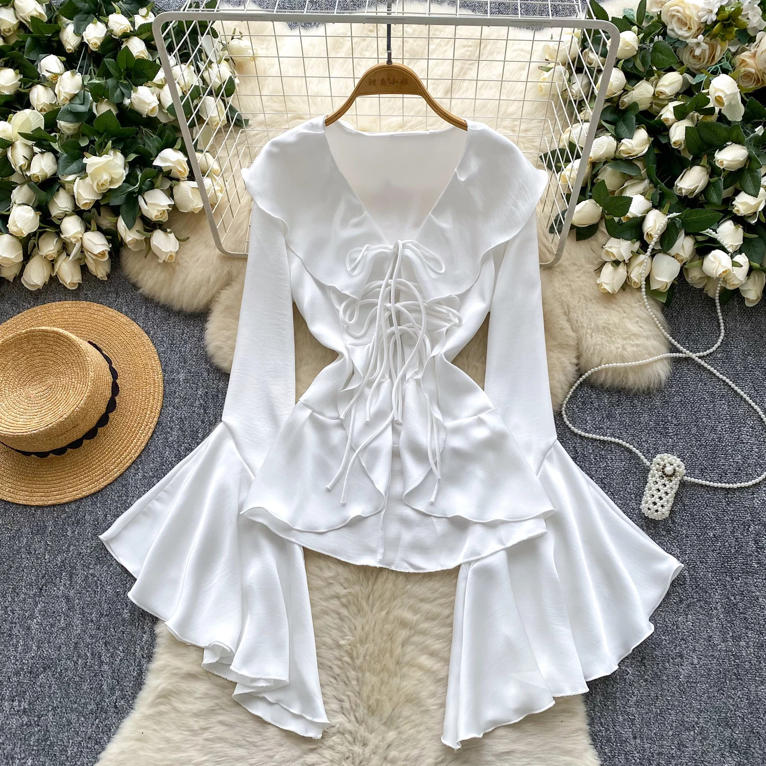 

Lady Satin Sliky Ruffles Bandage Tops Shirts Women Flare Sleeve Winter Party Festival Dinner Banquets Holiday Birthday Blouse