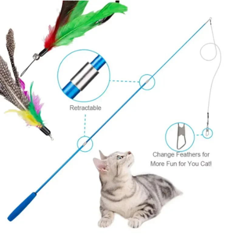 Retractable Cat Stick Toy Set, Replacement Head, Cat Products, 11Pcs