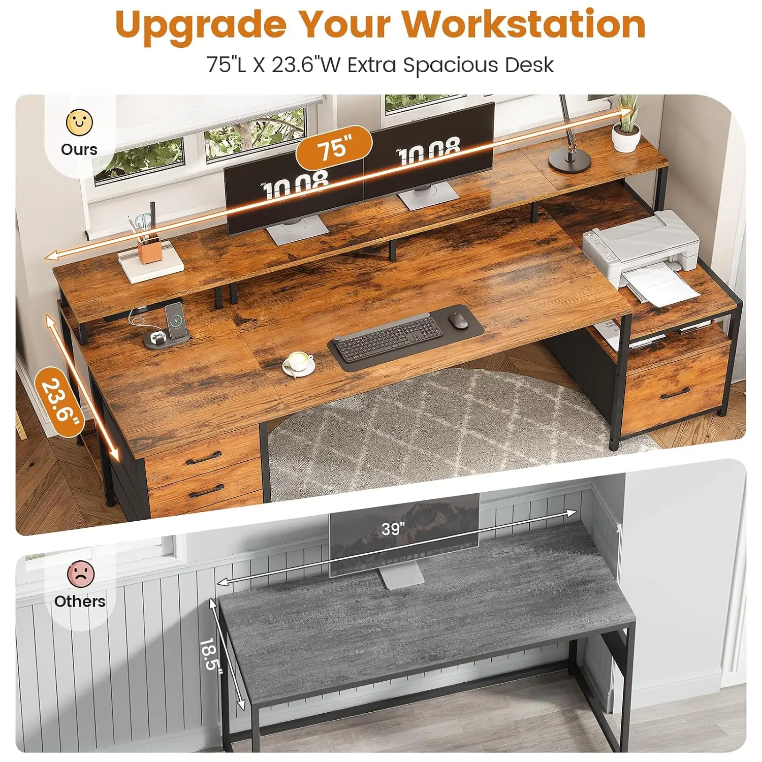 75'' Large Home Office Desk with 5 Drawer, Power Outlet, File Drawer