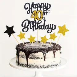 7pc/lot，Black Golden Number Happy Birthday Cake Topper, 30, 40, 50, 60, 70 Happy Birthday Cake Topper Birthday Party Decorations