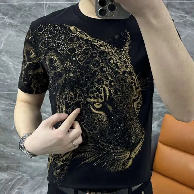 Trend Fashion American Casual Short Sleeve Bottom Summer Top Men Fashion Short Sleeve T-shirt Leopard Head Print Hot Diamond