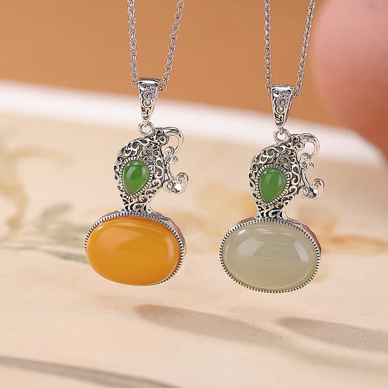 Jade Jasper S925 Sterling Silver Amber Gourd Versatile Sweater Chain Pendant