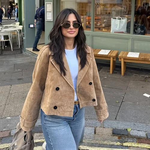 Imagen 2 del producto KONDALA, chaqueta informal elegante de gamuza caqui para mujer, chaqueta para mujer de manga larga con doble botón, abrigos con cuello en V, moda Otoño Invierno 2025