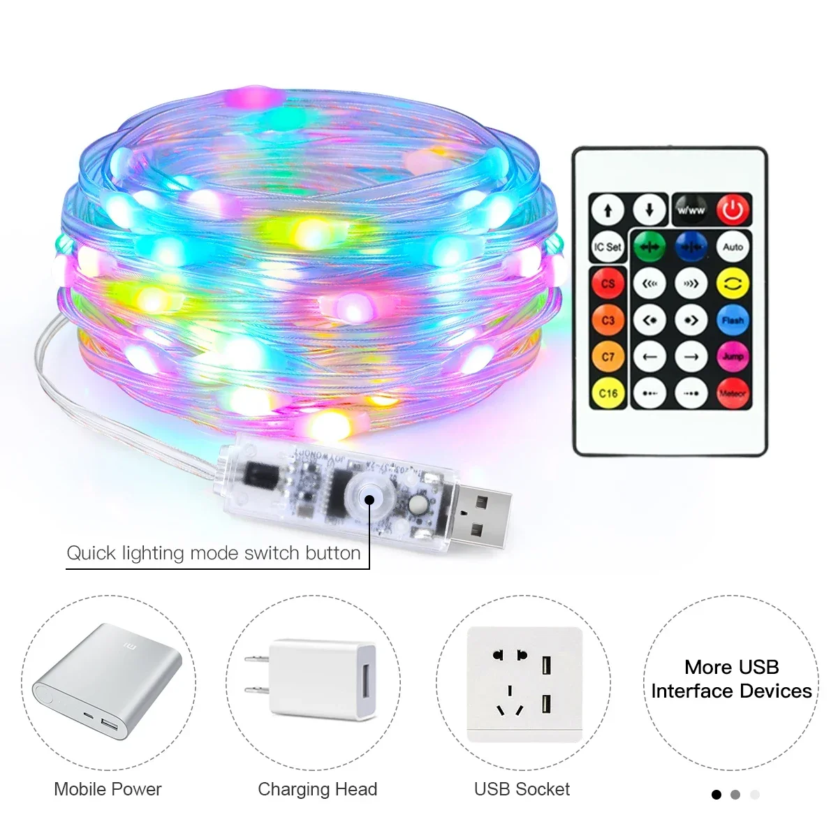 Inteligente Bluetooth LED String Fairy Lights, Guirlanda USB, RGB Remote, Iluminação de Natal, Quarto, Decoração do partido, DIY, WS2812B, 5V