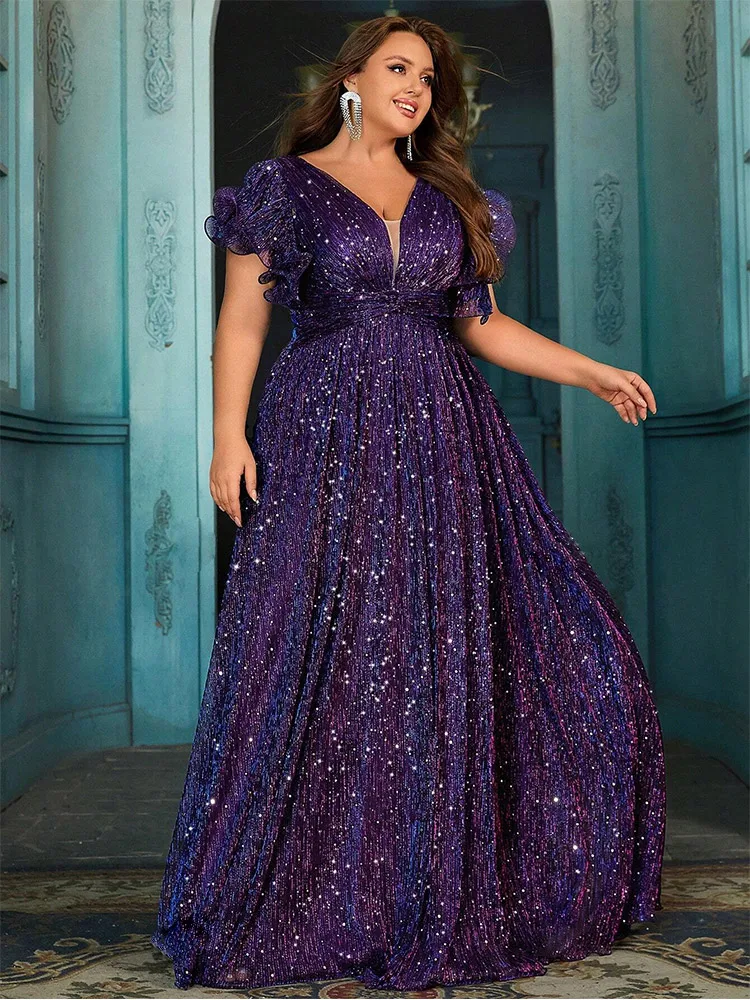 Plus Size V Neck Purple Colorful Sparkling Dinner Dance Prom Gown Dress Big Size Colorful Sparkling Bridesmaid Prom Dress