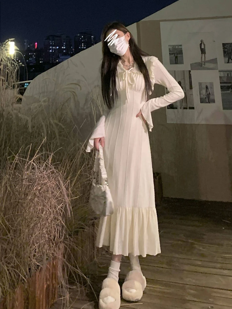 2024 Spring Casual Long Sleeve Fairy Sweet Clothing Women Evening Party Elegant French White Dress One Piece Dress Korean Chic