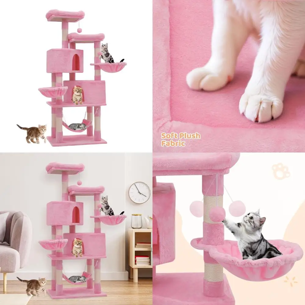 

Compact Pink Cat Tree with Scratching Post, 2 Condos & 3 Hammocks, Ideal for Small Spaces, 58 Inch