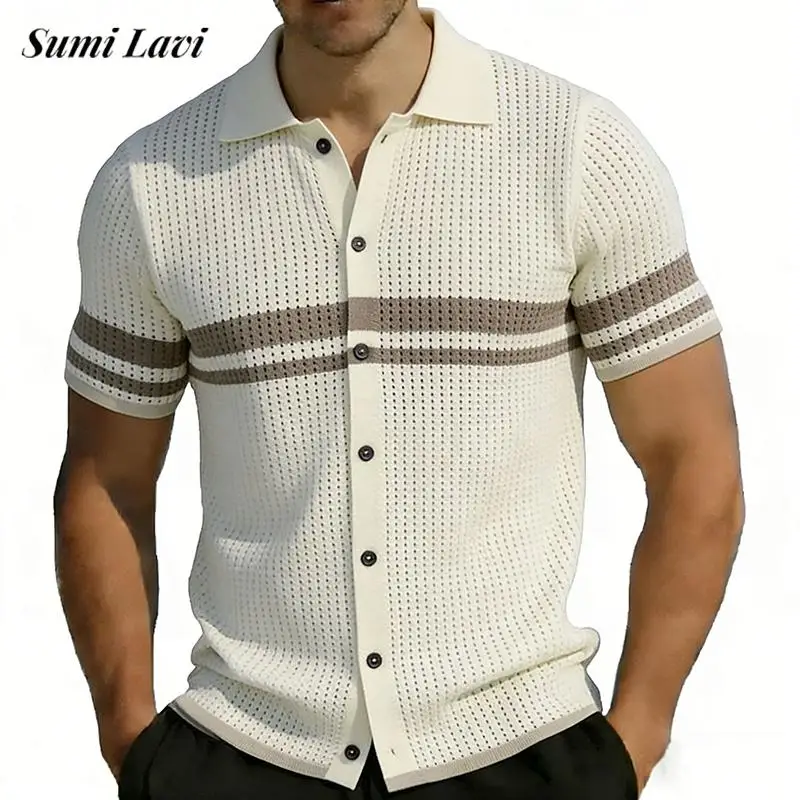 

Outdoor Casual Mens Short Sleeve Knit Shirt Vintage Buttoned Turn-down Collar Striped Shirts Summer Vintage Men Knitting Shirts