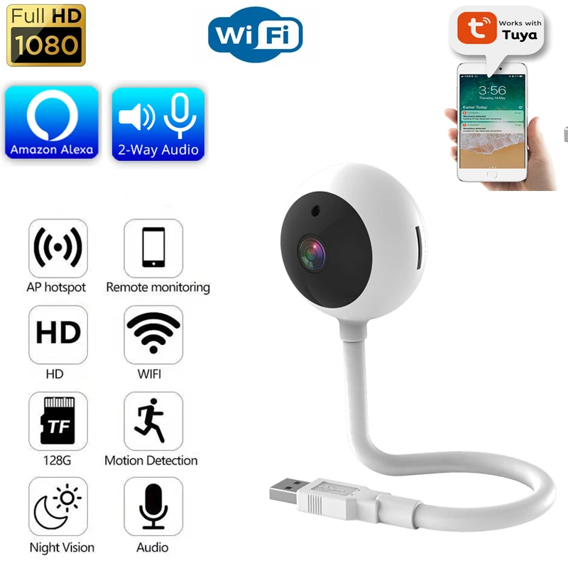 New Tuya Mini Wifi USB Camera 1080P HD Two-way Audio Night Vision App Remote Viewing Video Surveillance CCTV IP Cameras Baby