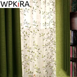 Pastoral Blackout Curtain Green Linen Fabric Window Screen Leaves Embroidered Curtain Tulle for Living Room Bedroom American