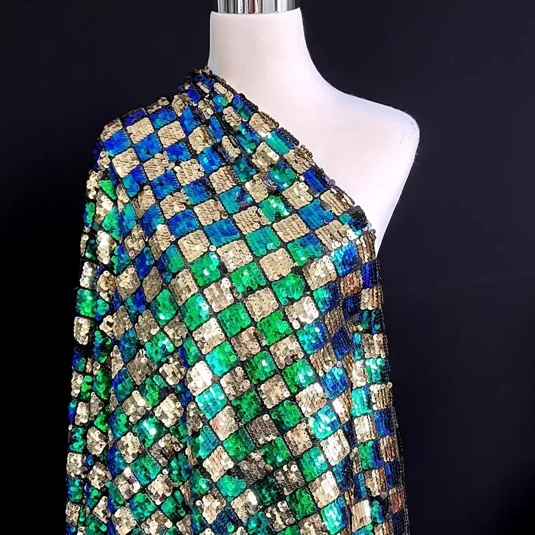 High-end brand shell shape green gold square check sequin fabric performance dress bead fabric