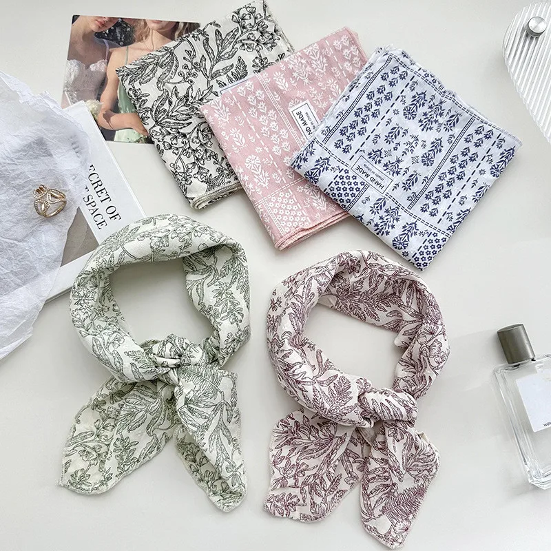 Women's Thin Multi-functional Decorative Kerchief Pastoral Artistic Style Small Floral Cotton Linen Headscarf Outdoor Bandana