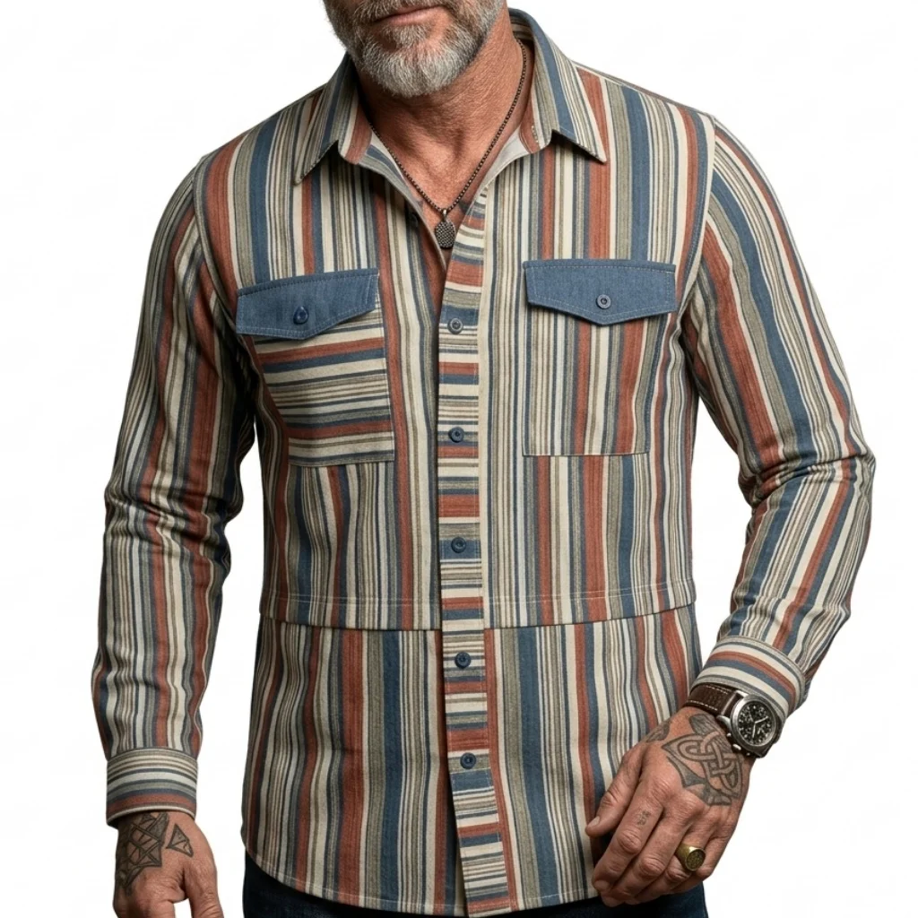 Summer Men's Color Block Striped Shirt Casual Breathable Cotton Blend Vintage Pocket Plus Holiday Daily Streetwear Male Clothes