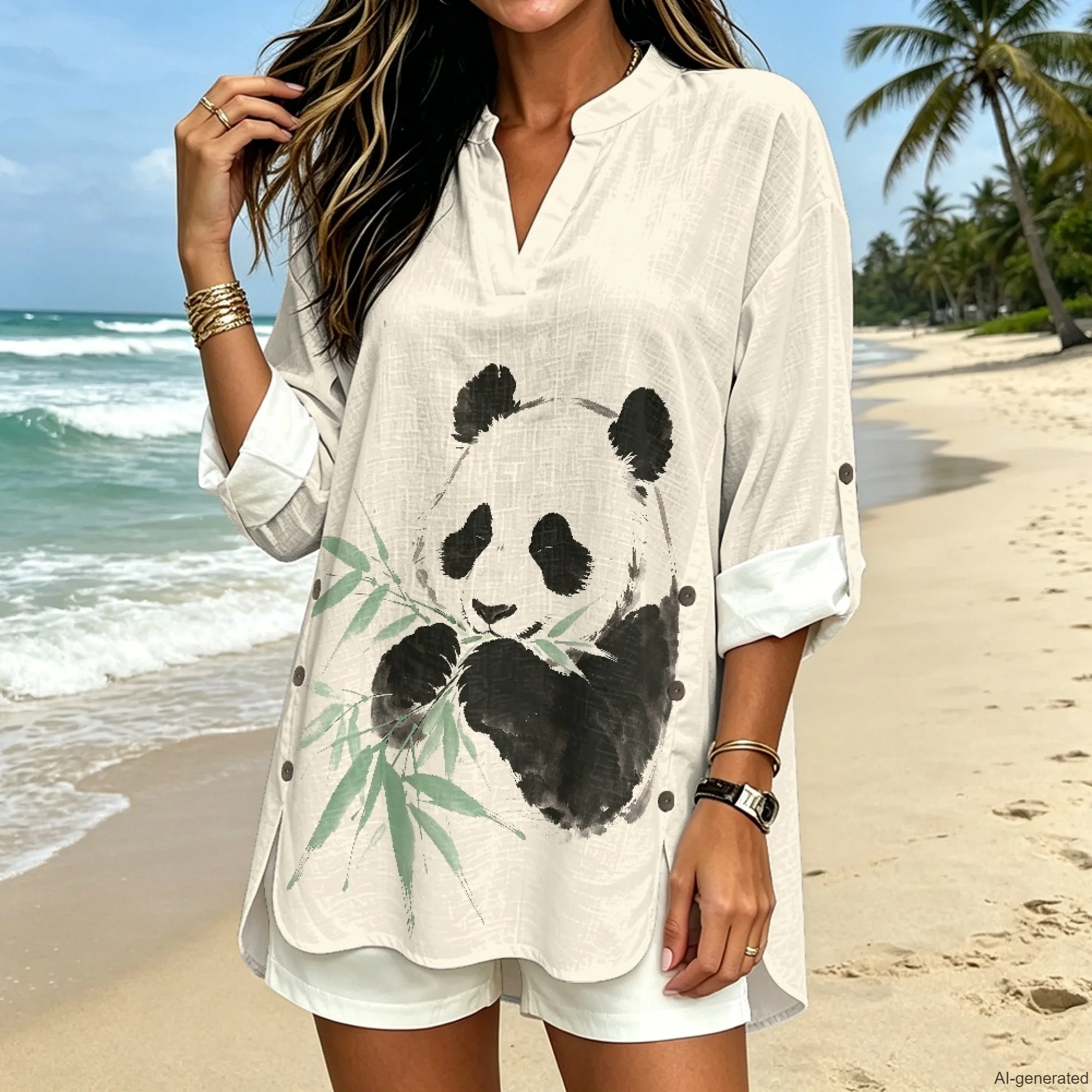 INSTANTARTS Camisas Femininas Women's Linen V-neck Shirt Panda Shirts Woman Beige Blouses Women Plus Size Clothing S-3XL