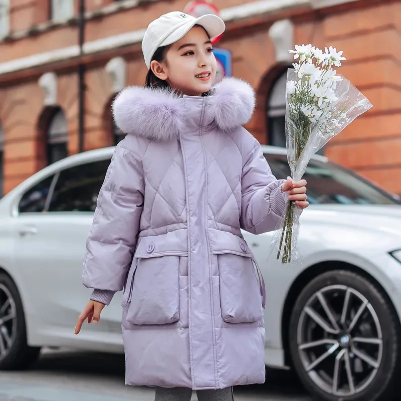 -30 Degree Children Clothing Teen Warm Hooded Real Raccoon Fur Collar Coat Thicken Outerwear Girls Long Jacket TZ436