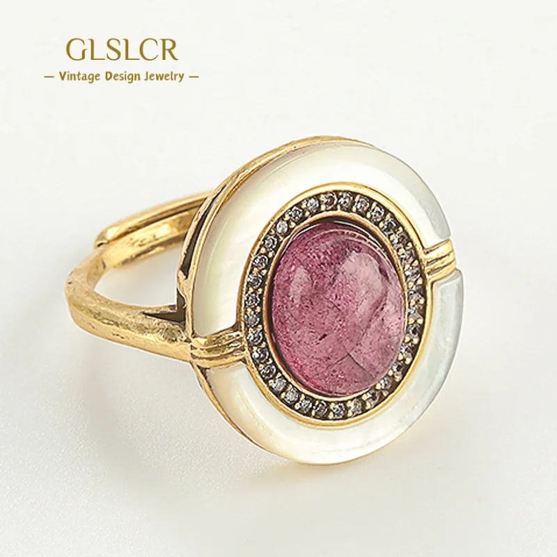 

Vintage Purple Rings Pink Glaze Gold Color Rhinestone Luxury Jewelry Designer For Woman Accessories Quality Banquet Anniversary