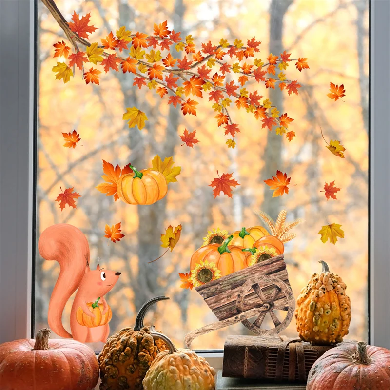 Golden Maple Leaf Window Sticker Autumn Pumpkin Fox Wall Sticker For Kids Room Decals Thanksgiving Autumn Wallpaper Home Decor