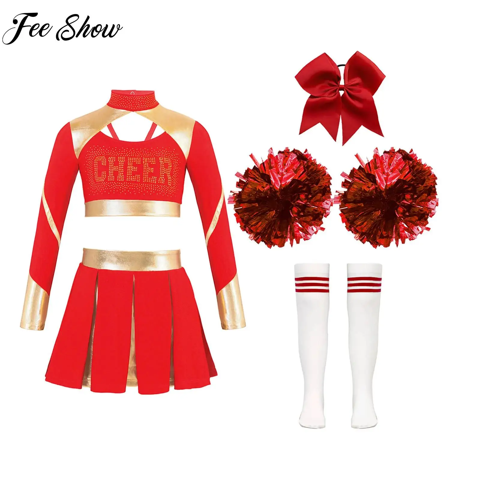 

Kids Girl Cheerleading Outfit Rhinestones Top with Skirt Headwear Socks And Flower Balls School Sports Meeting Performance Set