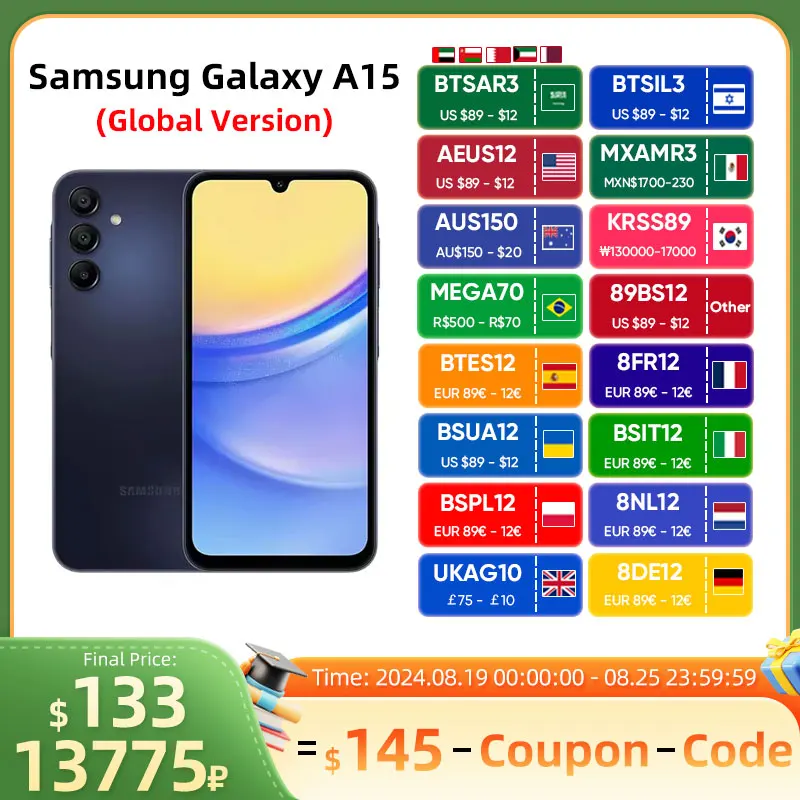 New Original Samsung Galaxy A15 4G Smartphone Android 14 6.5'' 90Hz Super AMOLED Display 5000mAh Battery 50MP Triple Camera