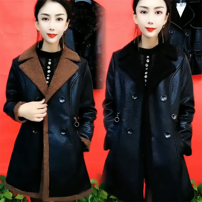 Women's PU Leather Jacket With Thick Velvet Warm Fur Coat 2025 Winter Leather Jackets Lady Warm Slim Fit Fur Integrated Overcoat