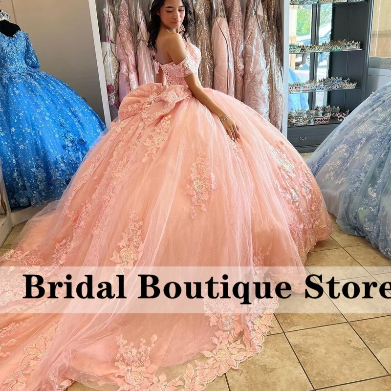 Bầu Trời Màu Xanh Bóng Gown Quinceañera Dresses 2022 Bow Tắt Vai Đính Cườm Appliques Sequins Ngọt Ngào 16 Váy Vestidos De 15 Letih 2023