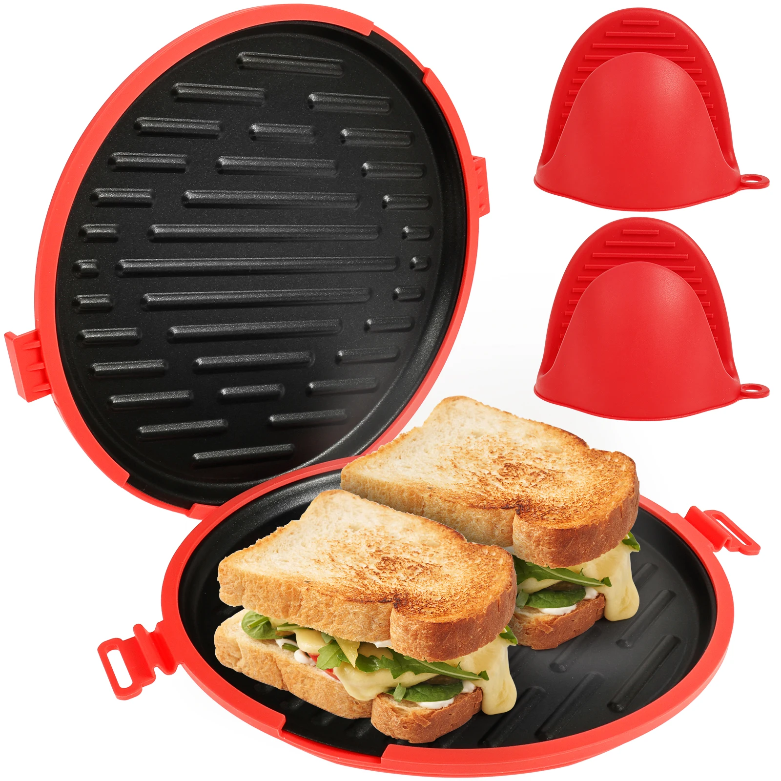 

Microwave Grill Pan with Silicone Anti Scald Protector Multifunctional Non Stick Baking Pan for Family Breakfast for Microwave